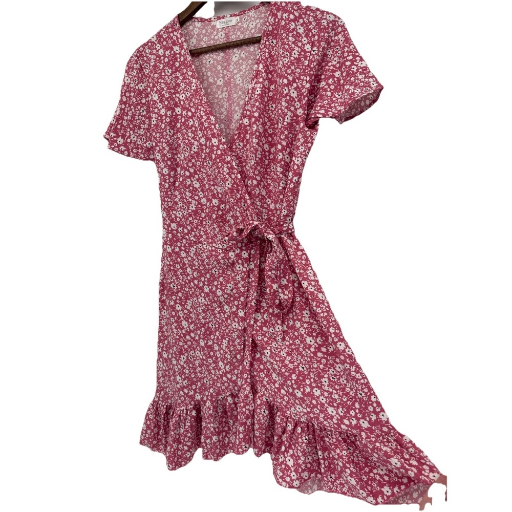 Naggoo Women's M Pink Floral‎ Sundress Wrap V Neck cottagecore coquette spring